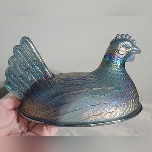 Vintage Indiana Glass Blue Iridescent Hen on Nest Replacement Top Carnival Glass